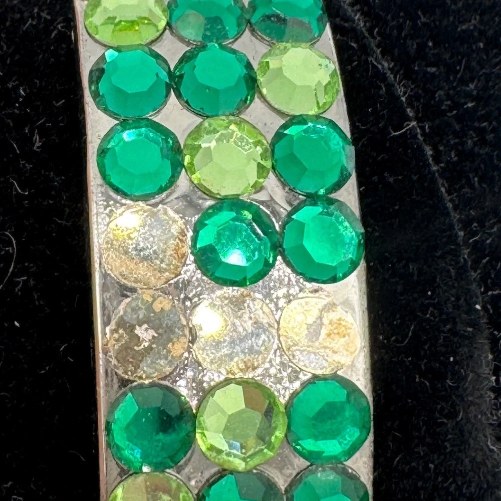 STONE Quartz Watch Green Rhinestone Bangle Silver Tone‎ Fits 5-8
